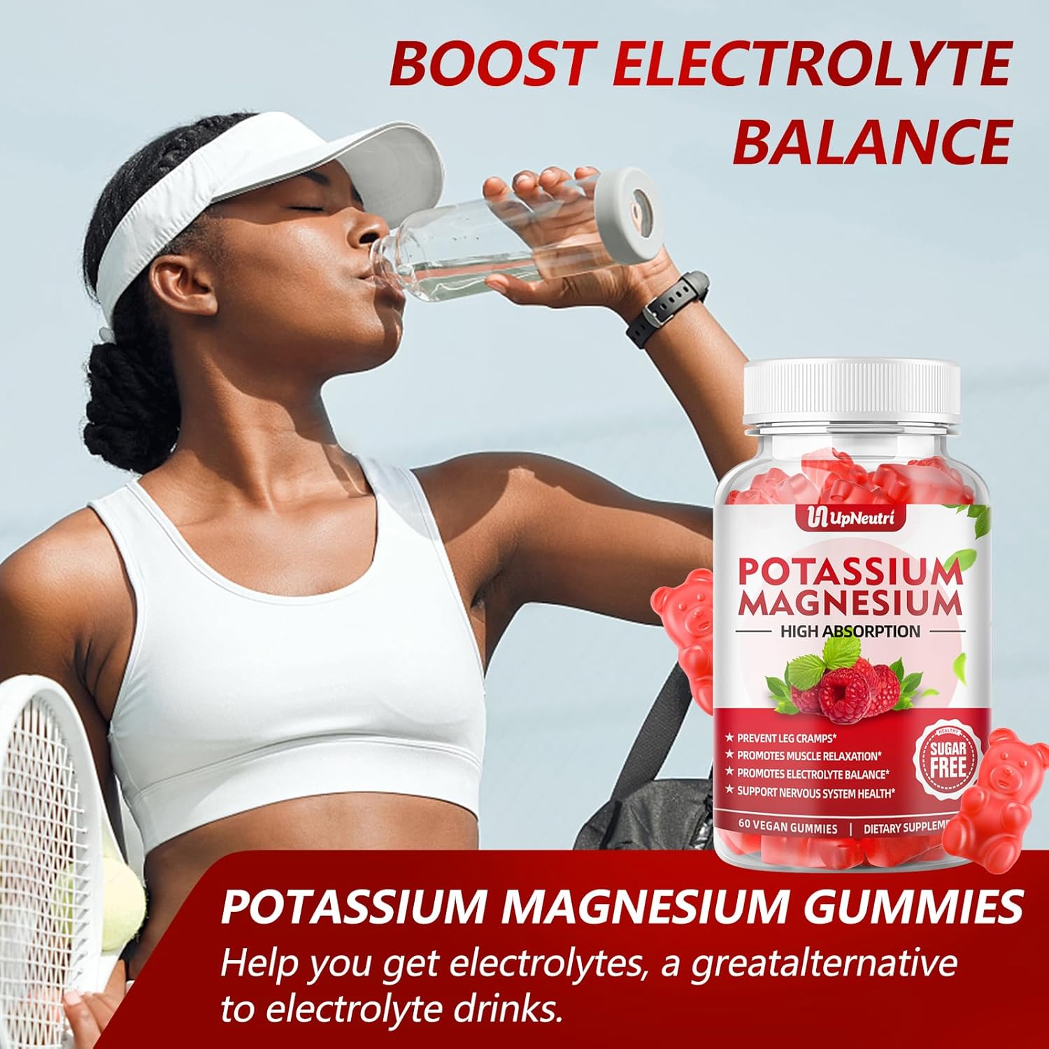 Sugar-Free Potassium Magnesium Gummies for Muscle, Heart Health - Vegan Raspberry Flavor - 60 Count