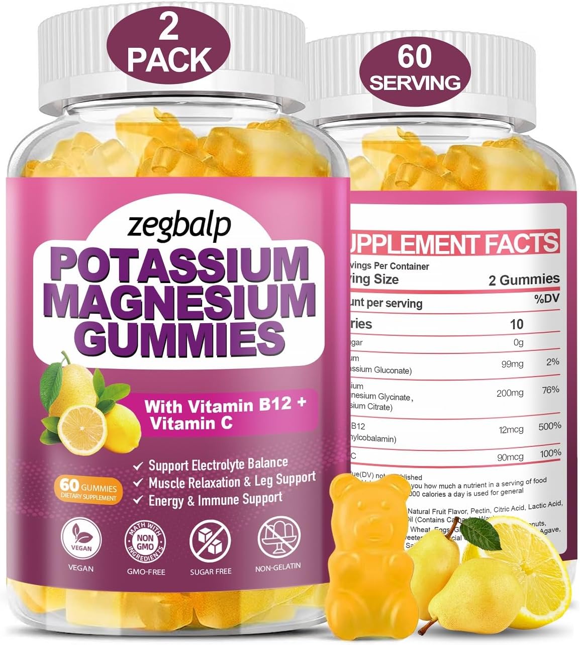 Sugar Free Potassium Magnesium Gummies with Vitamin B6 & C - 120 Count for Leg, Muscle, Mood, Energy & Immune Support