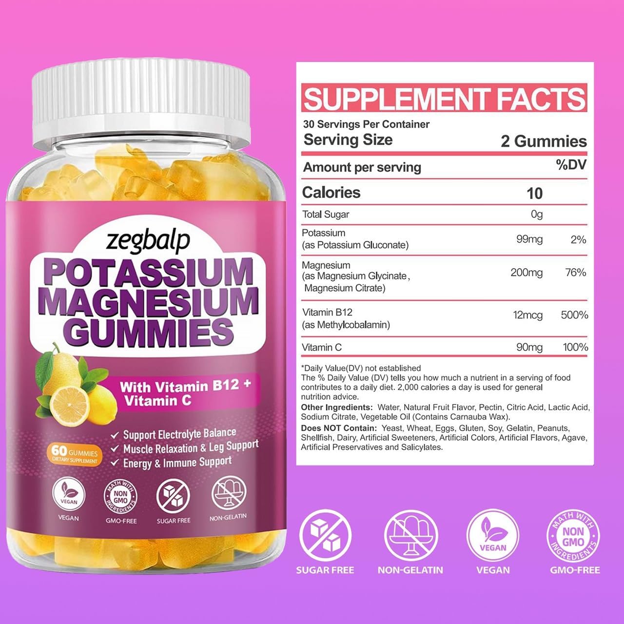 Sugar Free Potassium Magnesium Gummies with Vitamin B6 & C - 120 Count for Leg, Muscle, Mood, Energy & Immune Support