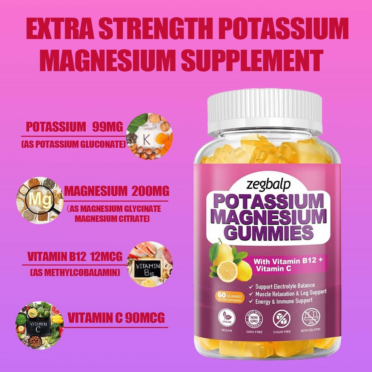 Sugar Free Potassium Magnesium Gummies with Vitamin B6 & C - 120 Count for Leg, Muscle, Mood, Energy & Immune Support