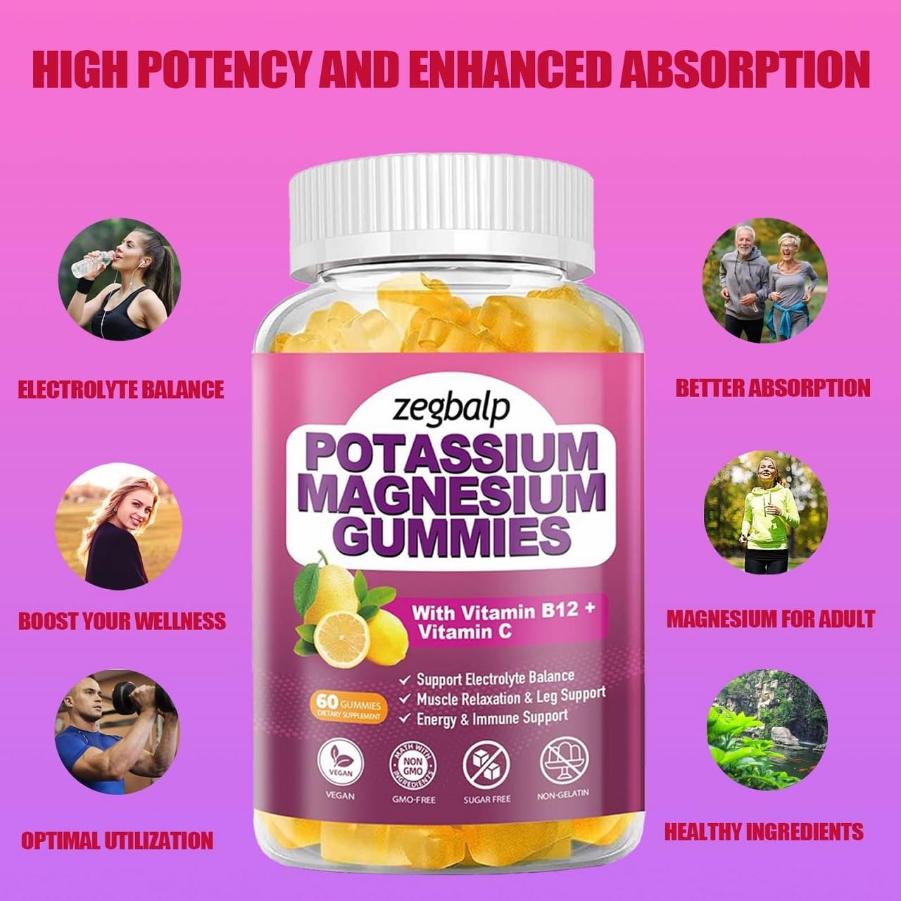 Sugar Free Potassium Magnesium Gummies with Vitamin B6 & C - 120 Count for Leg, Muscle, Mood, Energy & Immune Support