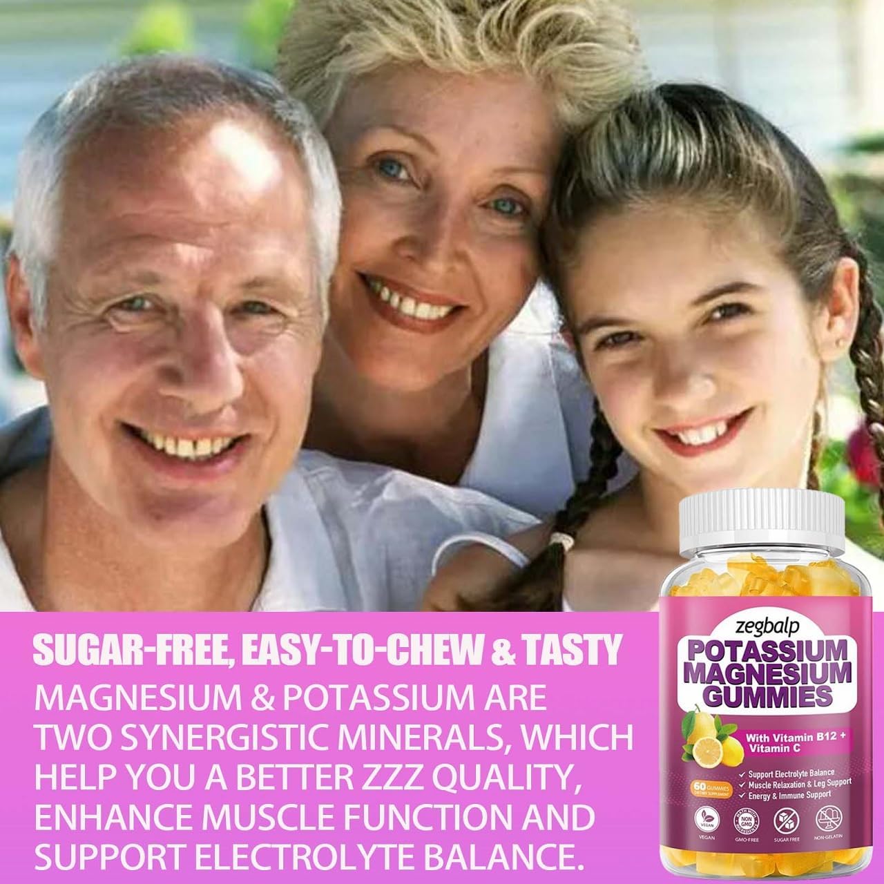 Sugar Free Potassium Magnesium Gummies with Vitamin B6 & C - 120 Count for Leg, Muscle, Mood, Energy & Immune Support