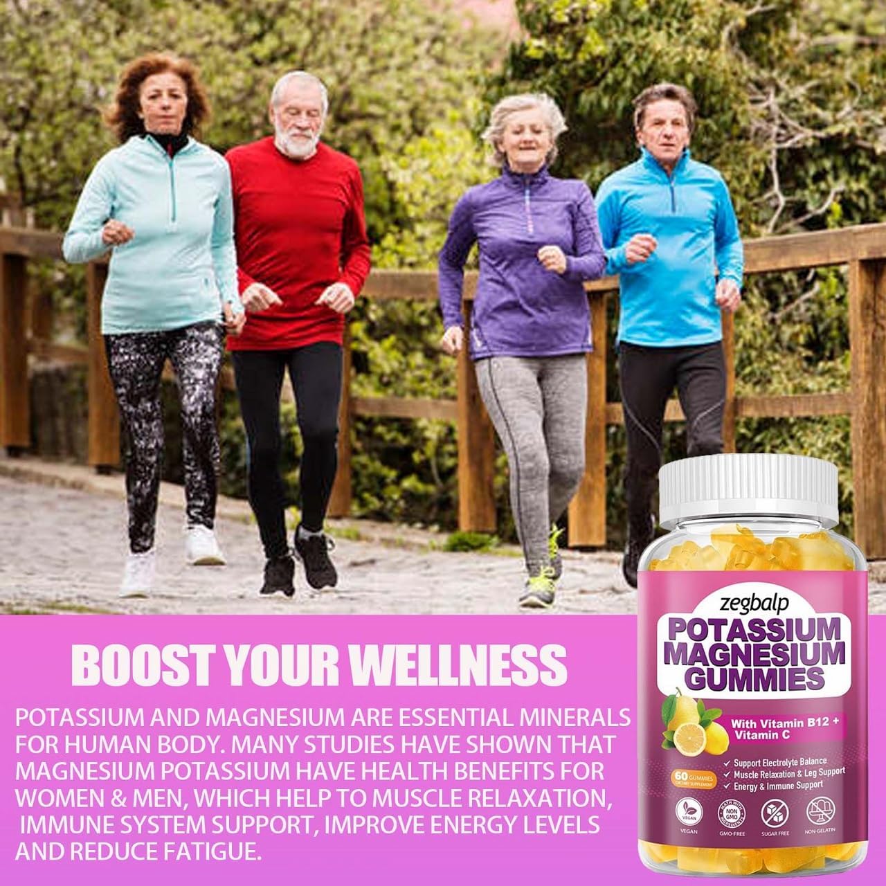 Sugar Free Potassium Magnesium Gummies with Vitamin B6 & C - 120 Count for Leg, Muscle, Mood, Energy & Immune Support