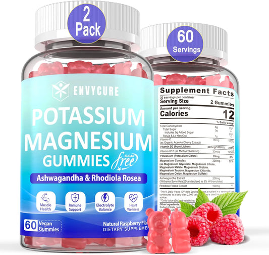 Sugar-Free Potassium Magnesium Gummy Supplement with 8 Forms of Magnesium, B12, D3 & C - Vegan Formula for Electrolyte Balance, Muscle Support, and Leg Cramp Relief