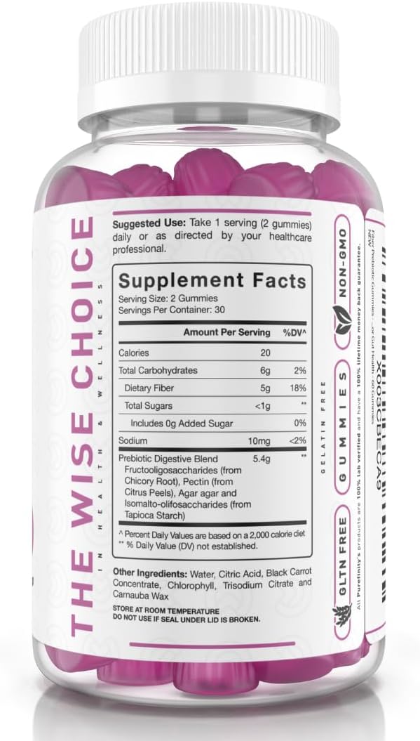Sugar-Free Prebiotic Fiber Gummies for Adults | Inulin FOS from Chicory Root | Daily Digestion & Constipation Support | 60 Count Vegan Supplement