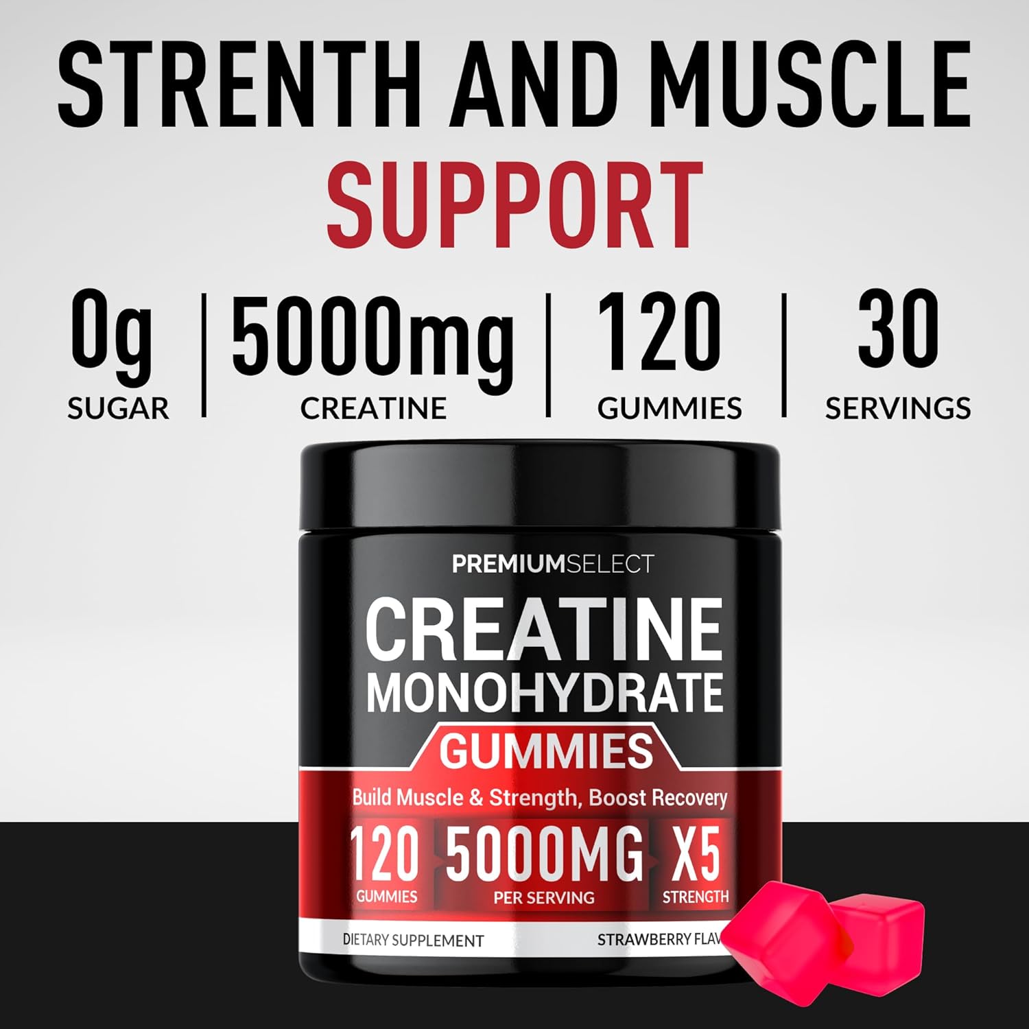 Sugar-Free Premium Creatine Gummies - 120 Chewable Monohydrate Gummies for Muscle Strength, Energy Boost, and Recovery - Men & Women's Muscle Builder and Pre-Workout Supplement