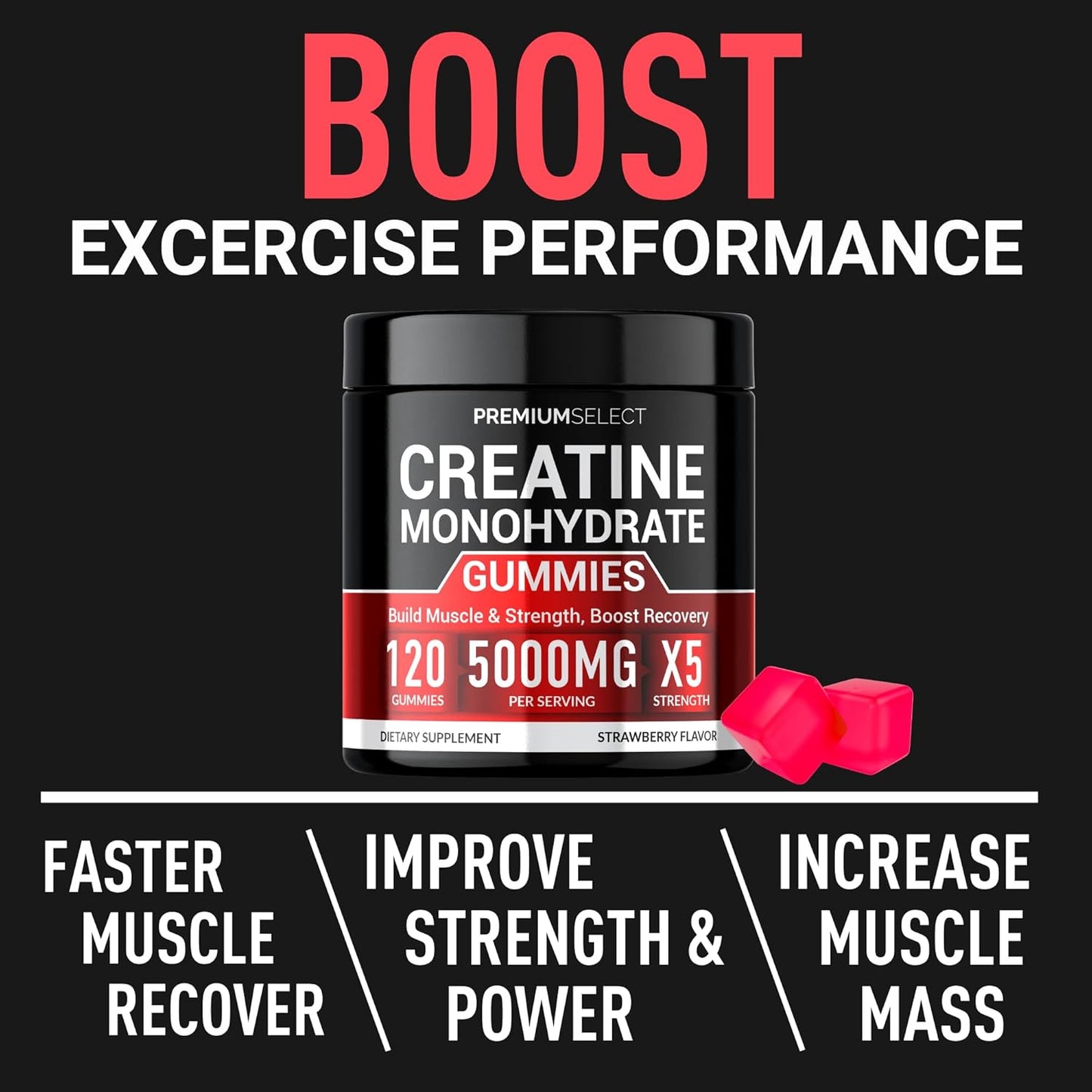 Sugar-Free Premium Creatine Gummies - 120 Chewable Monohydrate Gummies for Muscle Strength, Energy Boost, and Recovery - Men & Women's Muscle Builder and Pre-Workout Supplement