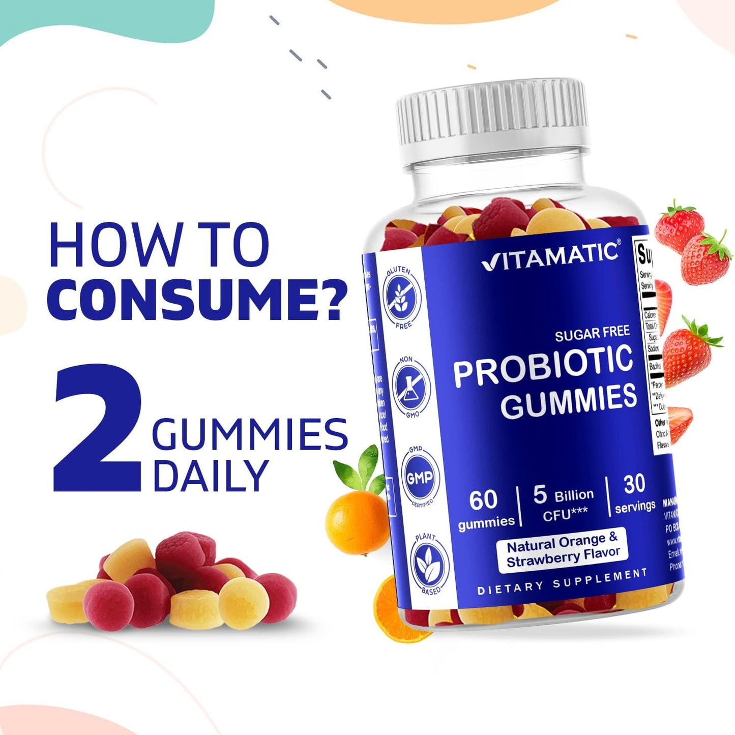 Sugar-Free Probiotic Gummies for Men and Women - 5 Billion CFUs - Supports Digestive, Immune, and Gut Health - Gluten-Free