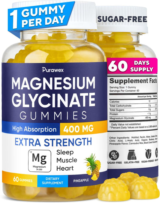 Sugar-Free Purawex Magnesium Glycinate Gummies 400mg - High Absorption Vegan Supplement for Adults & Kids - Non GMO - 60 Day Supply, Pineapple Flavor