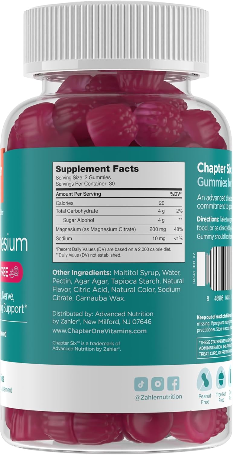 Sugar-Free Raspberry Flavored Magnesium Gummies for Muscle, Nerve, and Calm Support - Non GMO Chewable Magnesium Citrate Chews for Adults - Gluten-Free Relaxing Supplement (60 Count)