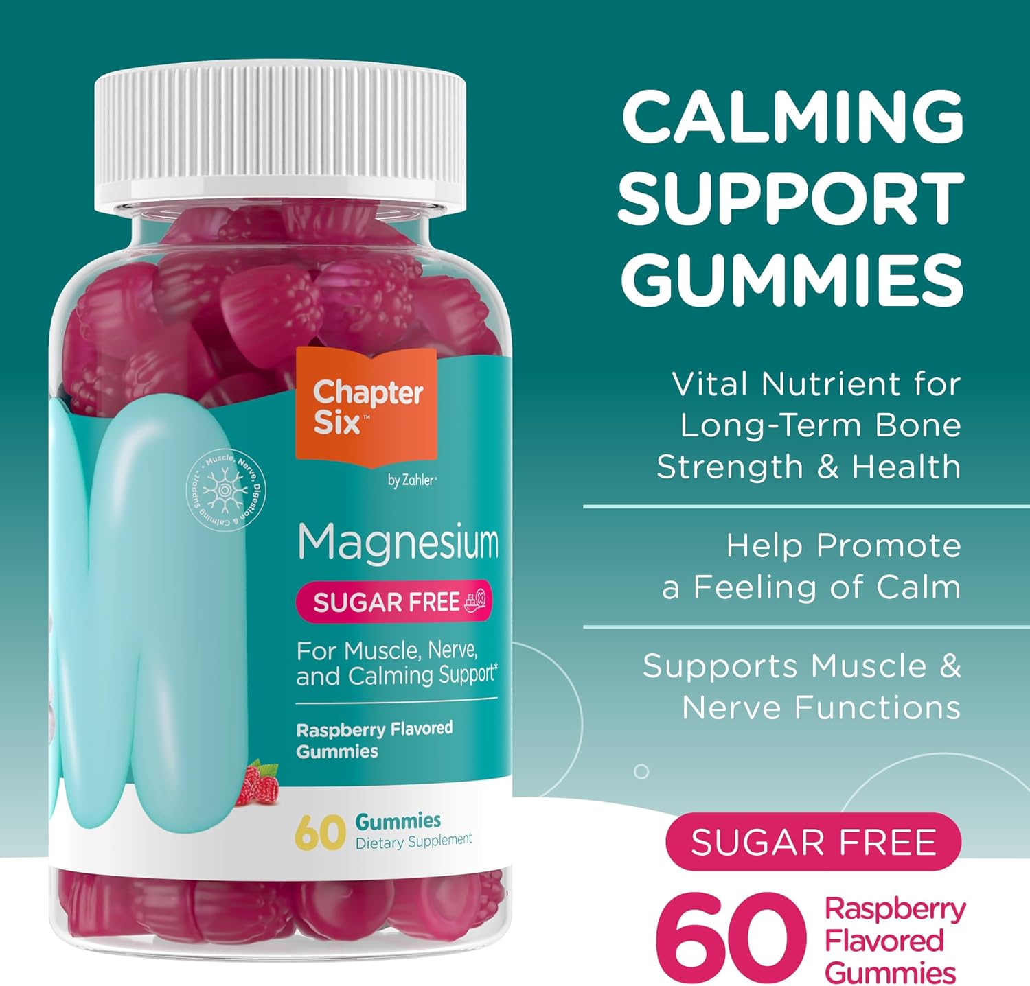 Sugar-Free Raspberry Flavored Magnesium Gummies for Muscle, Nerve, and Calm Support - Non GMO Chewable Magnesium Citrate Chews for Adults - Gluten-Free Relaxing Supplement (60 Count)
