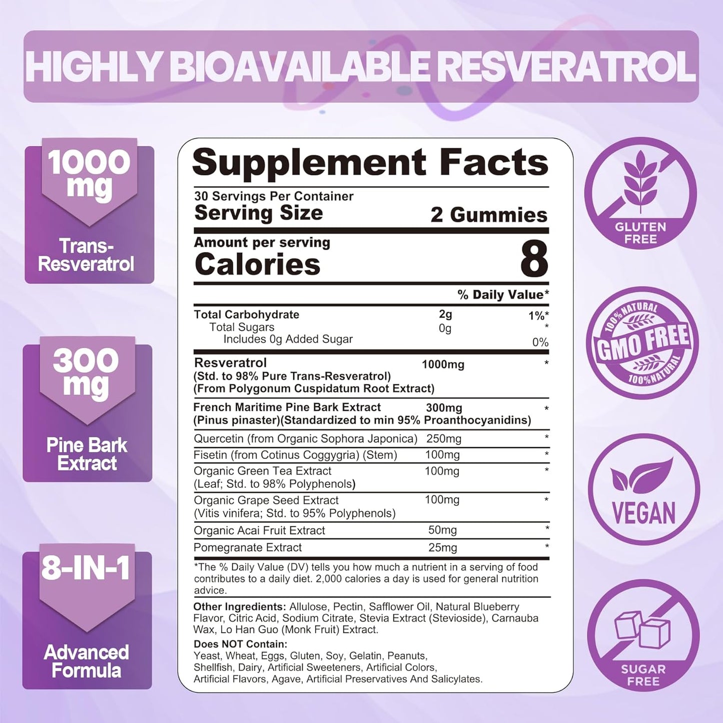 Sugar-Free Resveratrol Gummies with Pine Bark Extract, Quercetin, Fisetin & Grape Seed - 120 Count