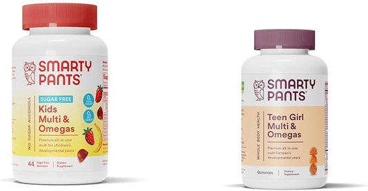 Sugar-Free SmartyPants Kids Multivitamin Gummies with Omega 3 (ALA) & Teen Girl Gummies with Omega 3 Fish Oil (EPA/DHA)