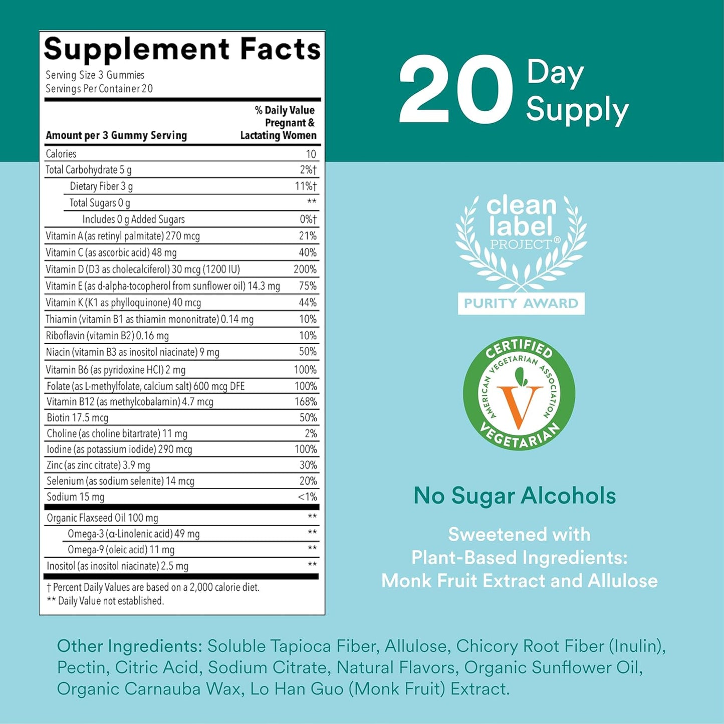 Sugar Free SmartyPants Prenatal Multivitamin Gummies for Women with Methylfolate, Omega 3, Vitamin D3, C, B12, B6, A, K, Zinc, Inositol - 60 Count