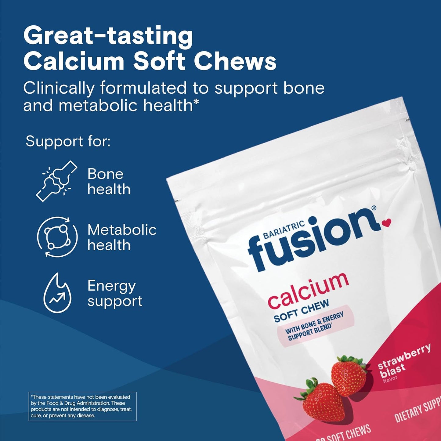 Sugar-Free Strawberry Flavored Bariatric Fusion Calcium Citrate & Energy Soft Chews - 60 Count for Gastric Bypass and Sleeve Patients