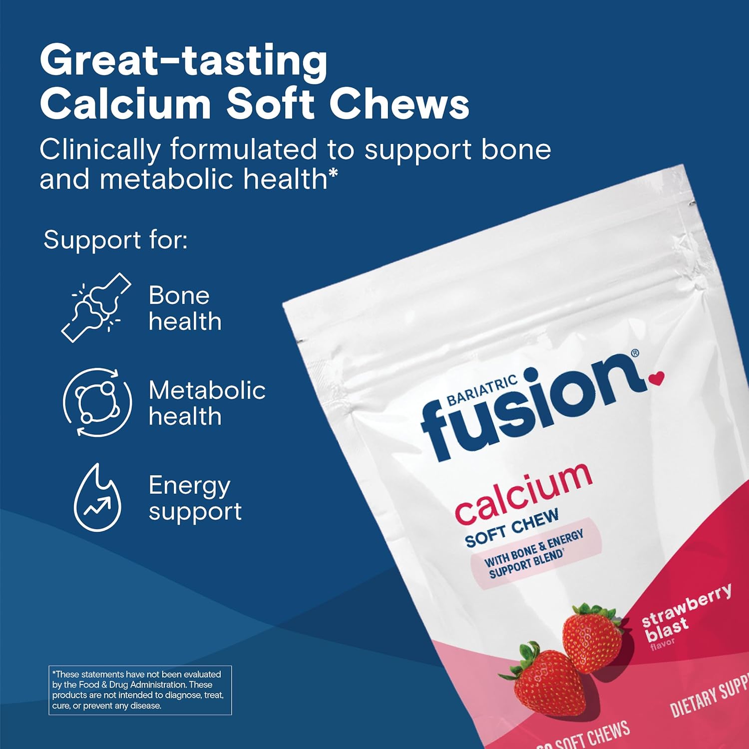 Sugar-Free Strawberry Flavored Bariatric Fusion Calcium Citrate & Energy Soft Chews - 60 Count for Gastric Bypass and Sleeve Patients