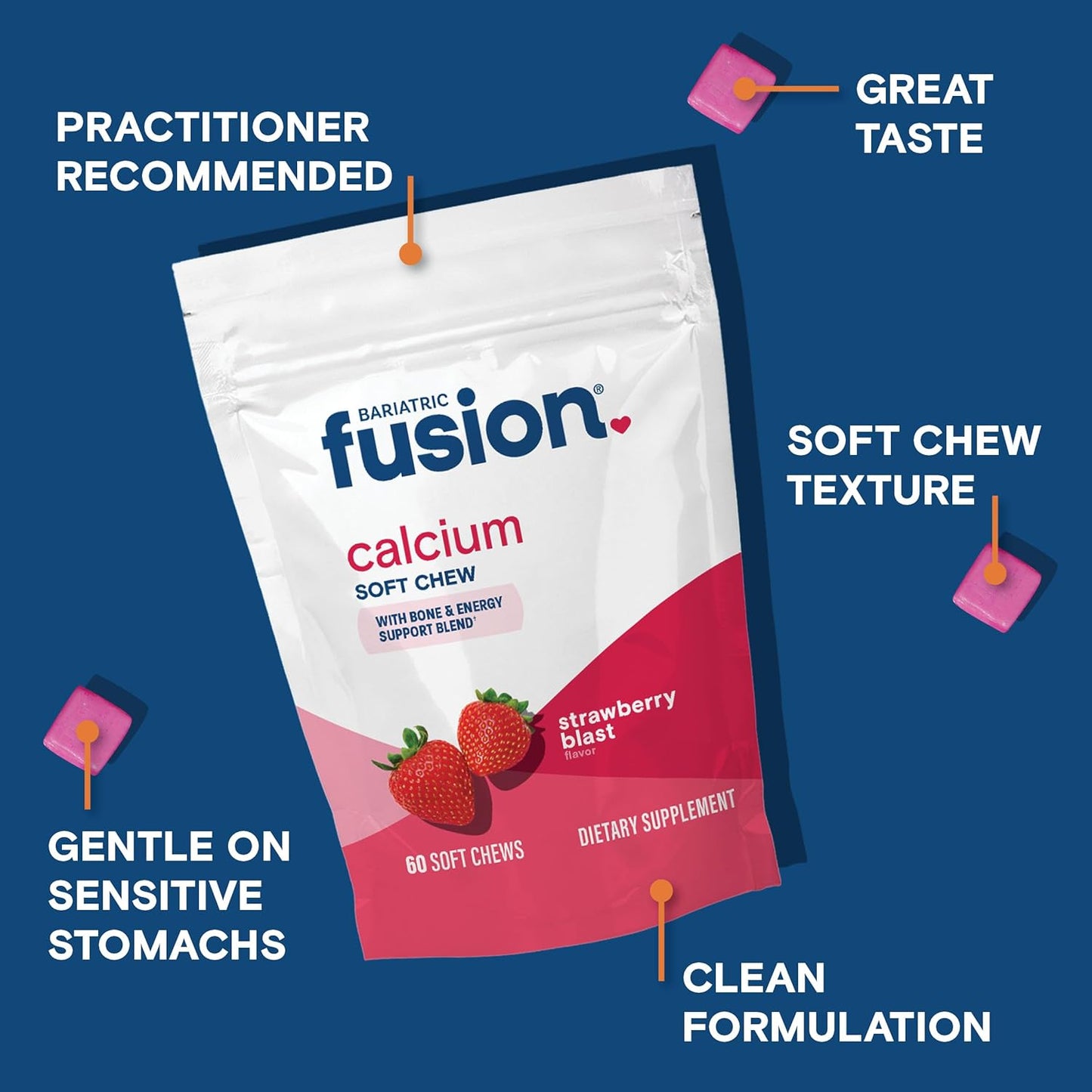 Sugar-Free Strawberry Flavored Bariatric Fusion Calcium Citrate & Energy Soft Chews - 60 Count for Gastric Bypass and Sleeve Patients