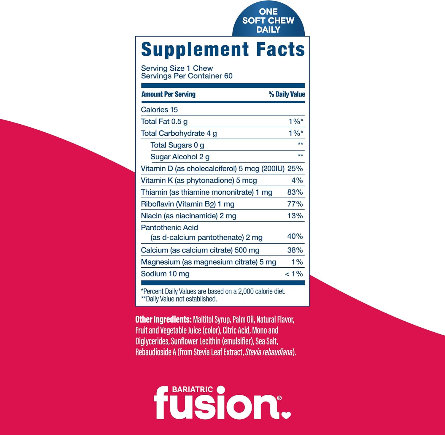 Sugar-Free Strawberry Flavored Bariatric Fusion Calcium Citrate & Energy Soft Chews - 60 Count for Gastric Bypass and Sleeve Patients
