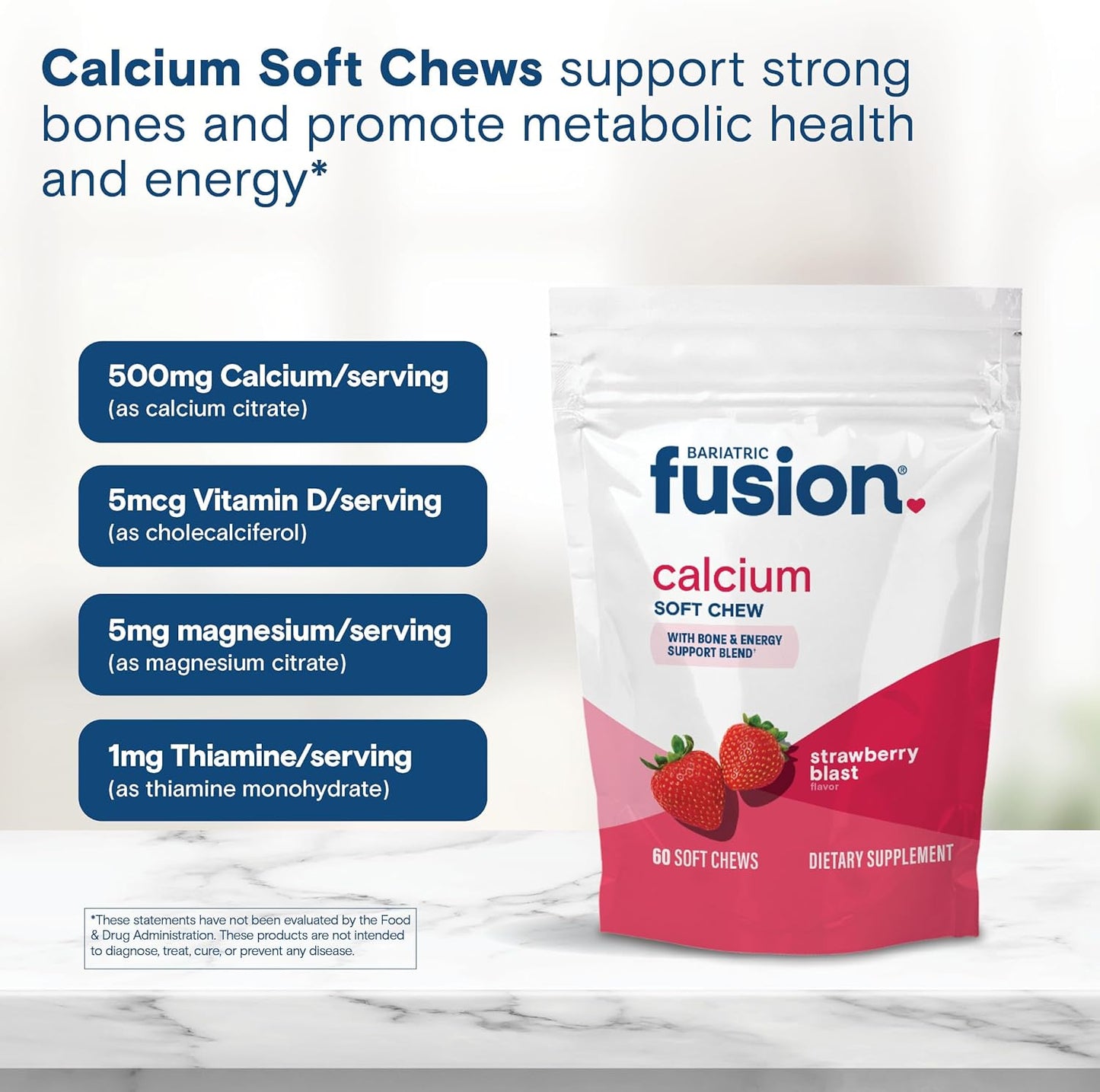 Sugar-Free Strawberry Flavored Bariatric Fusion Calcium Citrate & Energy Soft Chews - 60 Count for Gastric Bypass and Sleeve Patients