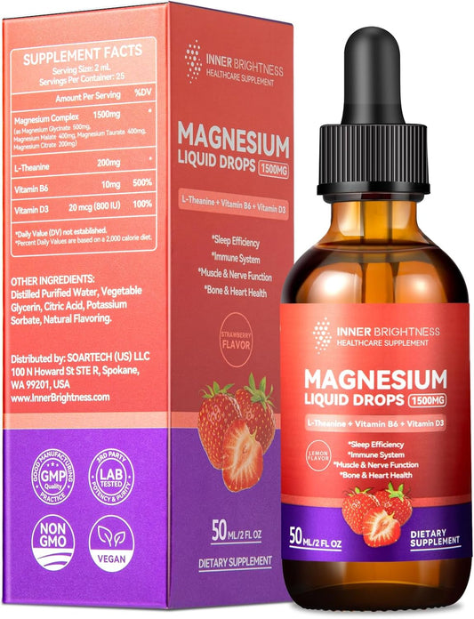 Sugar-Free Strawberry Magnesium Glycinate Liquid Drops with Vitamin D3 for Calm, Sleep, and Energy - 50mL