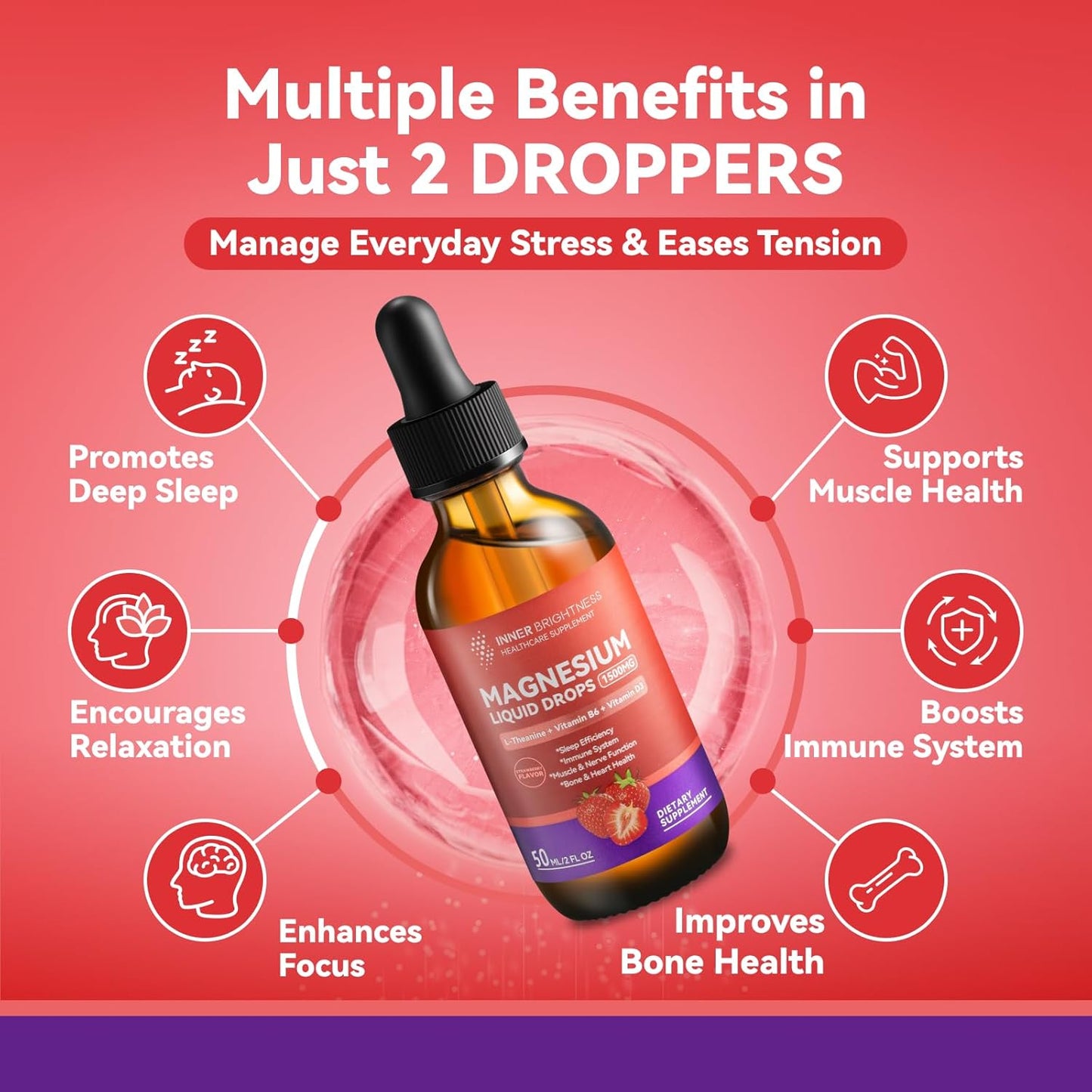 Sugar-Free Strawberry Magnesium Glycinate Liquid Drops with Vitamin D3 for Calm, Sleep, and Energy - 50mL