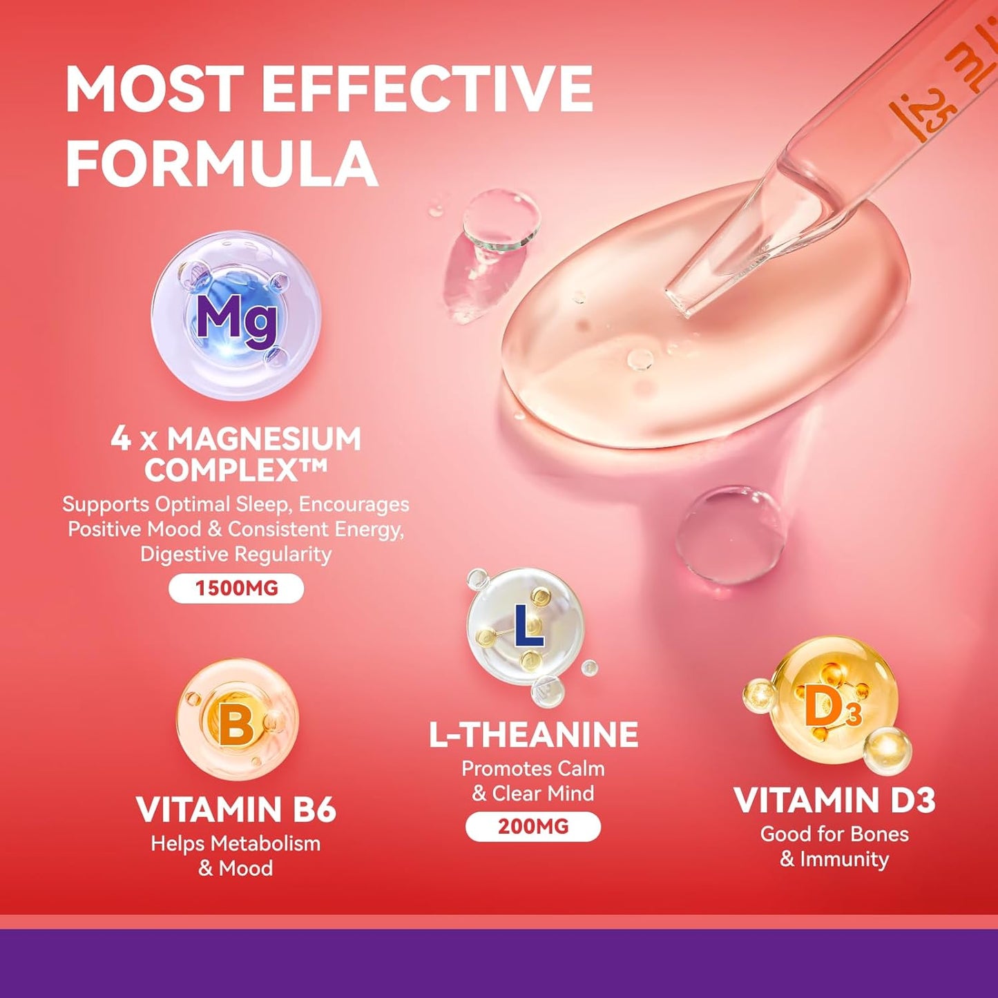 Sugar-Free Strawberry Magnesium Glycinate Liquid Drops with Vitamin D3 for Calm, Sleep, and Energy - 50mL