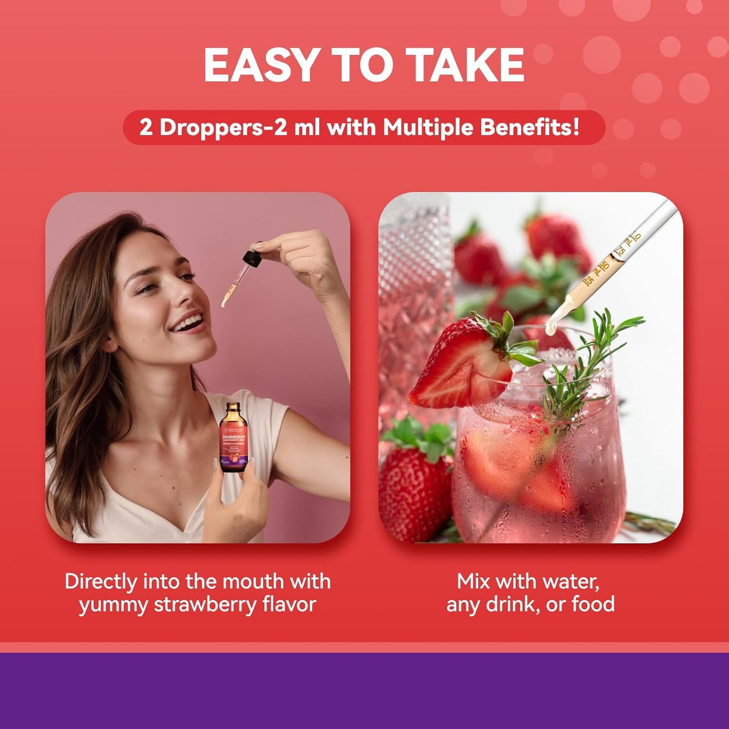 Sugar-Free Strawberry Magnesium Glycinate Liquid Drops with Vitamin D3 for Calm, Sleep, and Energy - 50mL