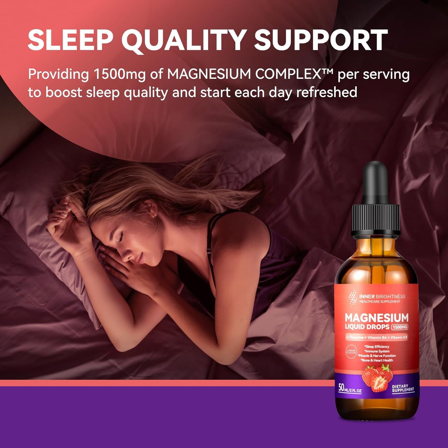 Sugar-Free Strawberry Magnesium Glycinate Liquid Drops with Vitamin D3 for Calm, Sleep, and Energy - 50mL