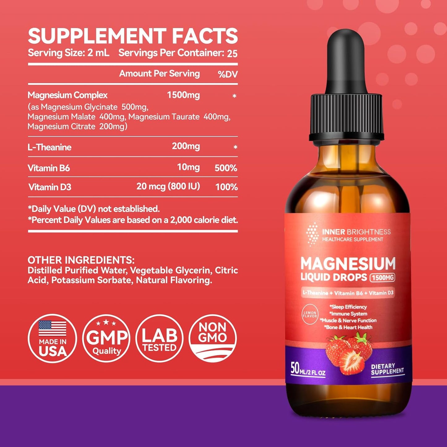 Sugar-Free Strawberry Magnesium Glycinate Liquid Drops with Vitamin D3 for Calm, Sleep, and Energy - 50mL