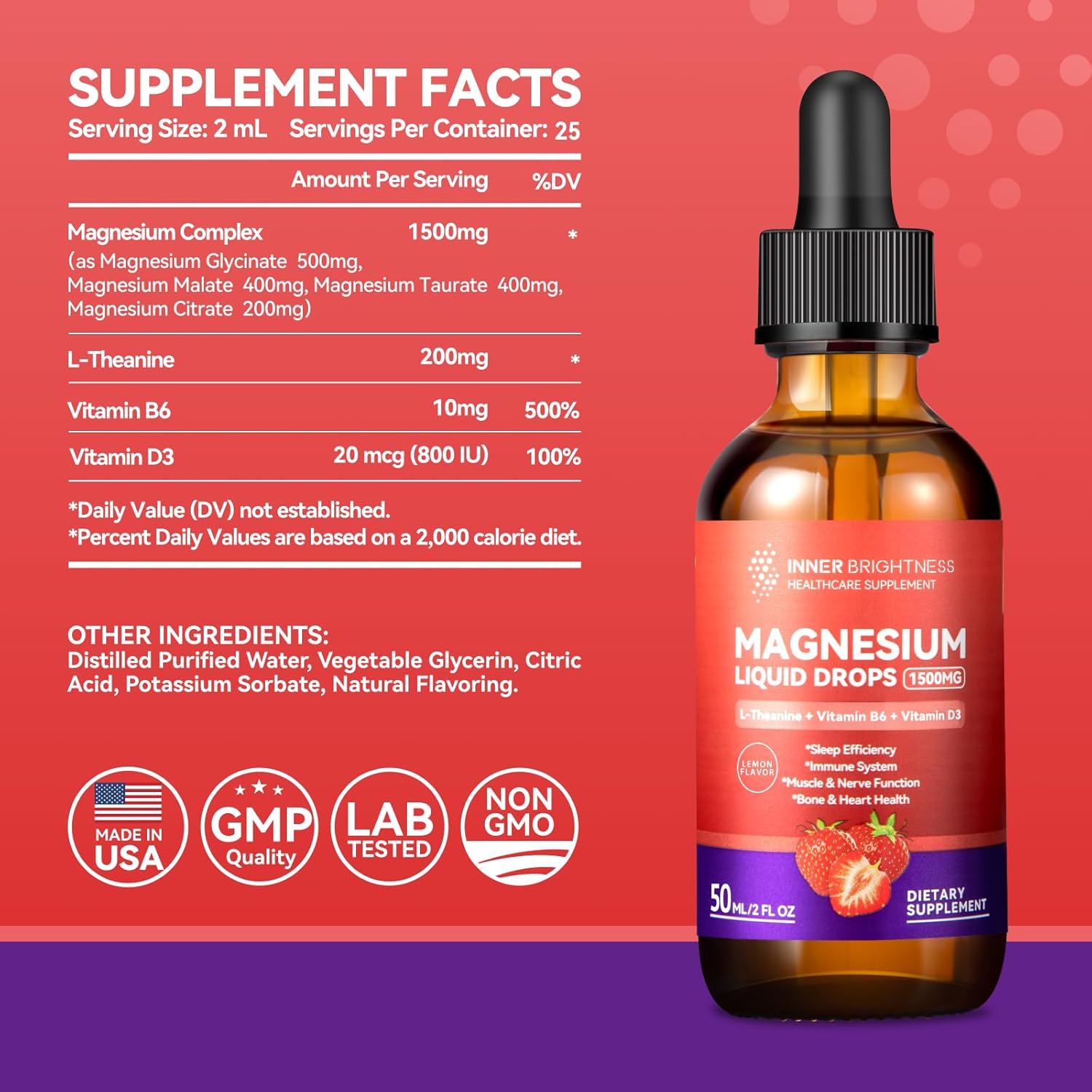 Sugar-Free Strawberry Magnesium Glycinate Liquid Drops with Vitamin D3 for Calm, Sleep, and Energy - 50mL