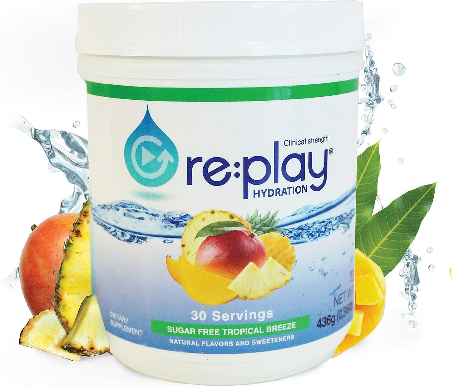 Sugar Free Tropical Breeze Hydration Recovery Drink Powder - 436g Tub, 30 Servings by Re-Play