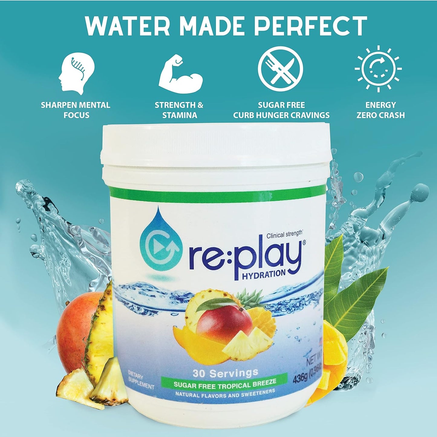 Sugar Free Tropical Breeze Hydration Recovery Drink Powder - 436g Tub, 30 Servings by Re-Play