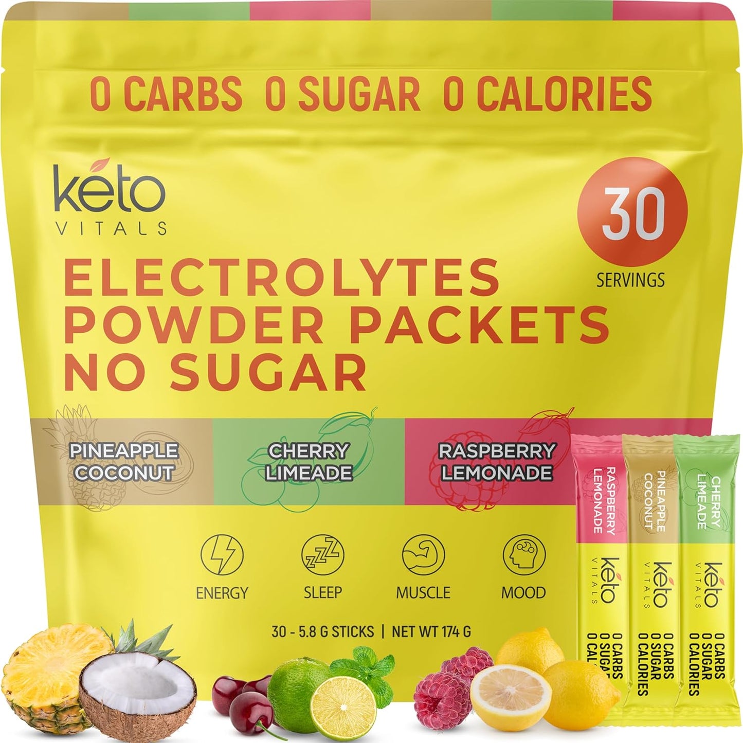 Sugar-Free Tropical Keto Electrolyte Powder Packets - Hydration & Electrolyte Drink Mix with Potassium, Magnesium, Sodium, & Calcium - 30 Servings