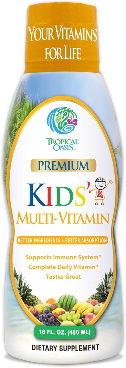 Sugar-Free Tropical Oasis Liquid Multivitamin for Kids | 100% DV of 14 Vitamins | Ages 4+ | Non-GMO | 98% Absorption | 16 oz