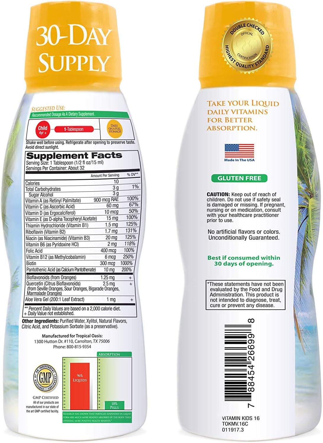 Sugar-Free Tropical Oasis Liquid Multivitamin for Kids | 100% DV of 14 Vitamins | Ages 4+ | Non-GMO | 98% Absorption | 16 oz
