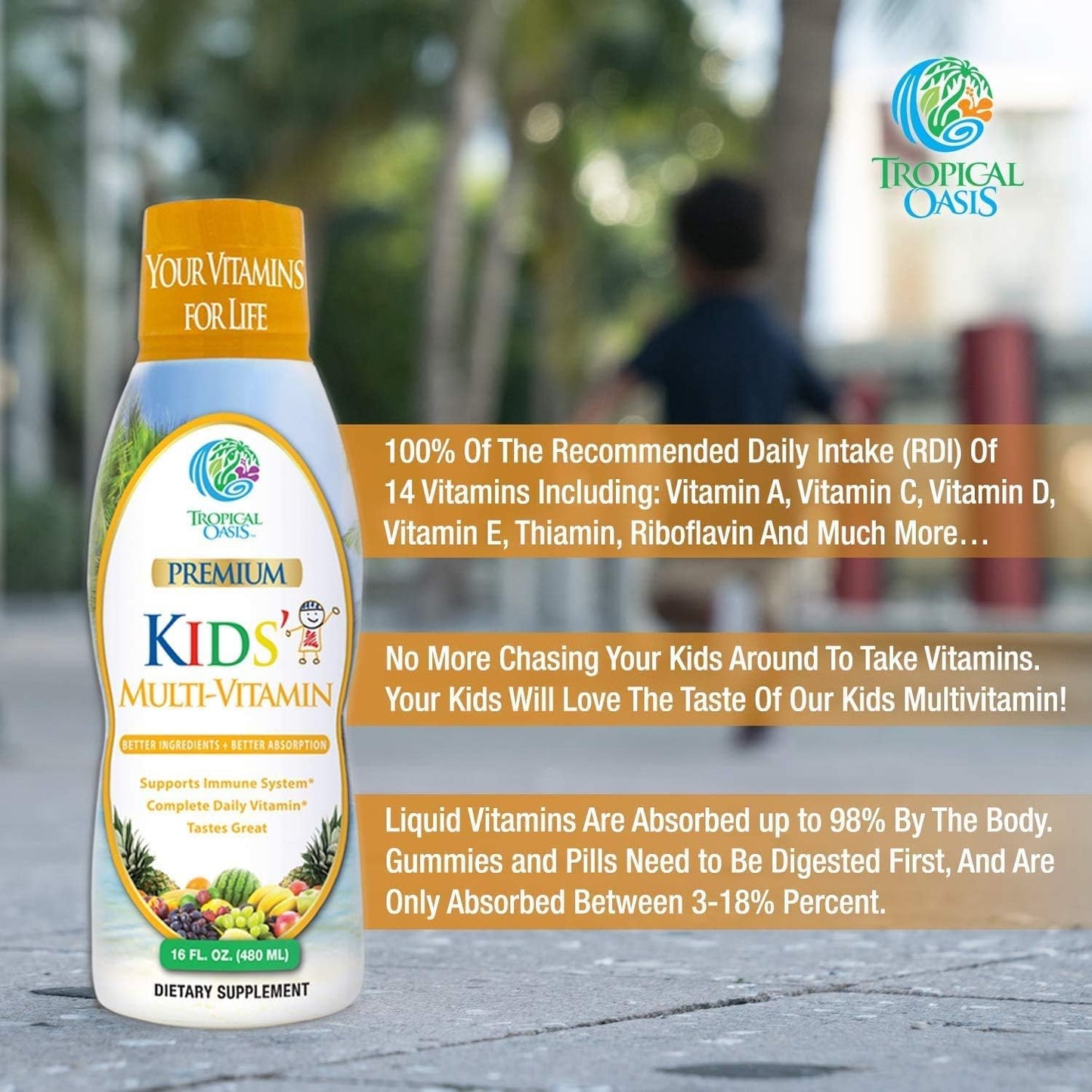 Sugar-Free Tropical Oasis Liquid Multivitamin for Kids | 100% DV of 14 Vitamins | Ages 4+ | Non-GMO | 98% Absorption | 16 oz