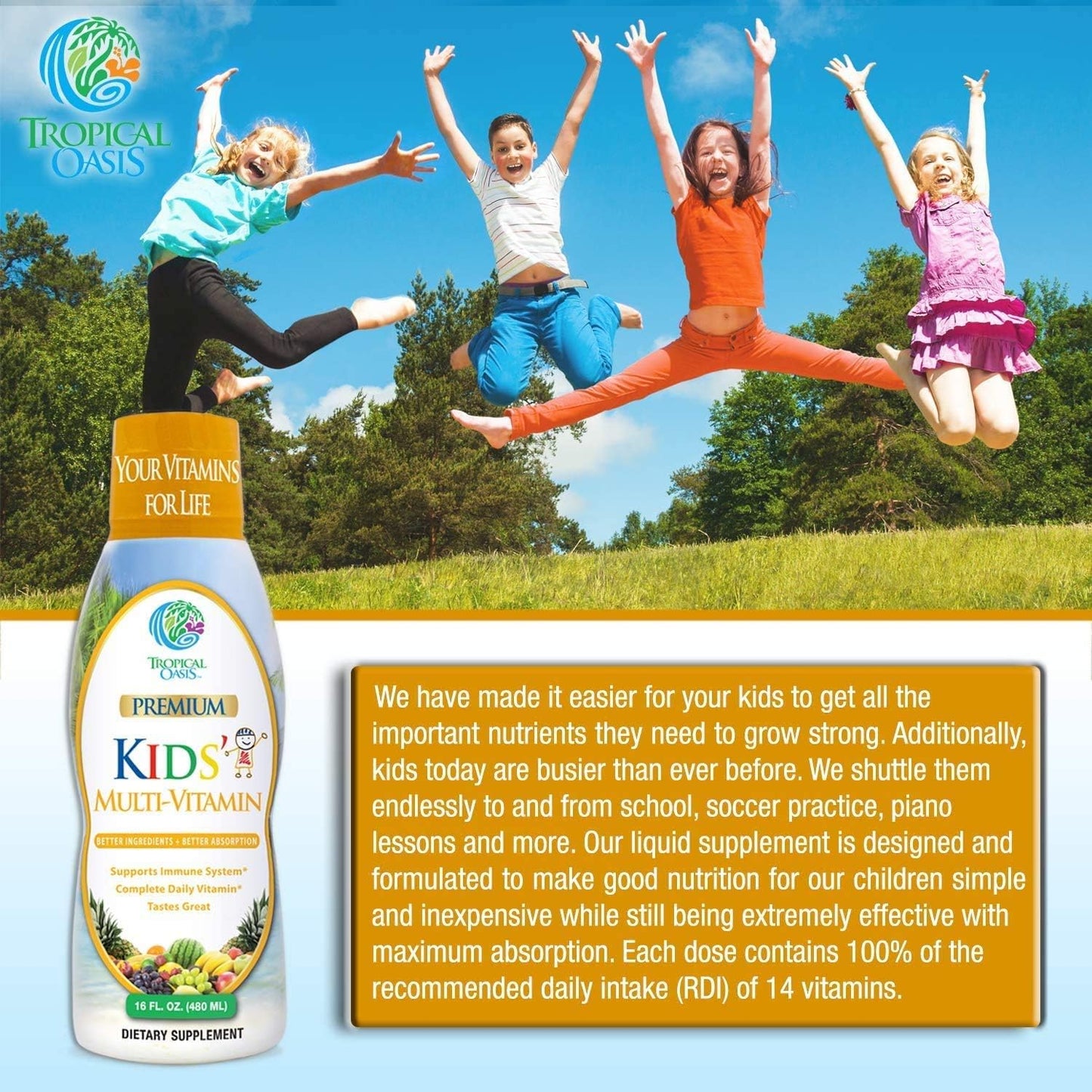 Sugar-Free Tropical Oasis Liquid Multivitamin for Kids | 100% DV of 14 Vitamins | Ages 4+ | Non-GMO | 98% Absorption | 16 oz