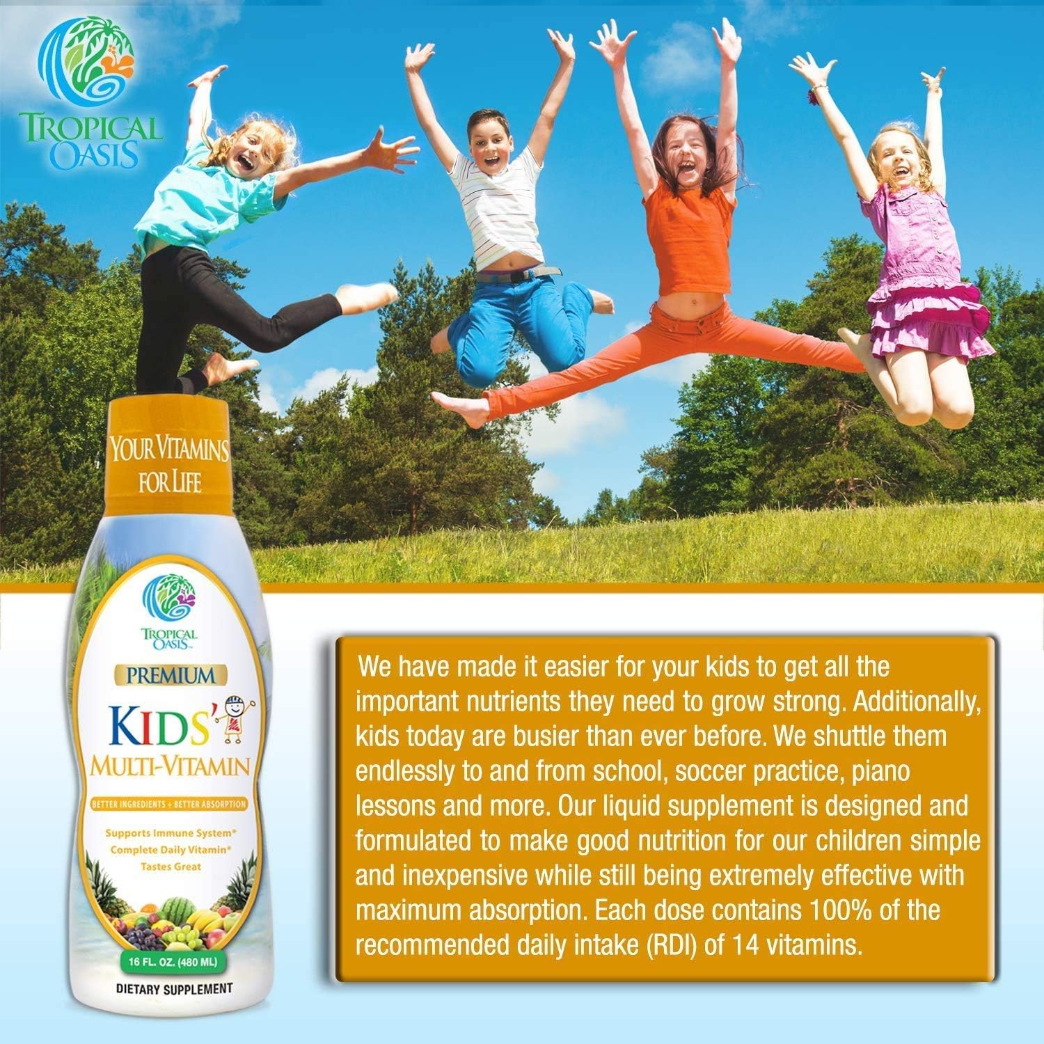 Sugar-Free Tropical Oasis Liquid Multivitamin for Kids | 100% DV of 14 Vitamins | Ages 4+ | Non-GMO | 98% Absorption | 16 oz