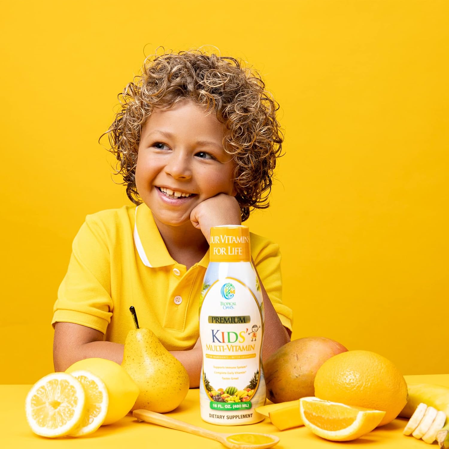 Sugar-Free Tropical Oasis Liquid Multivitamin for Kids | 100% DV of 14 Vitamins | Ages 4+ | Non-GMO | 98% Absorption | 16 oz