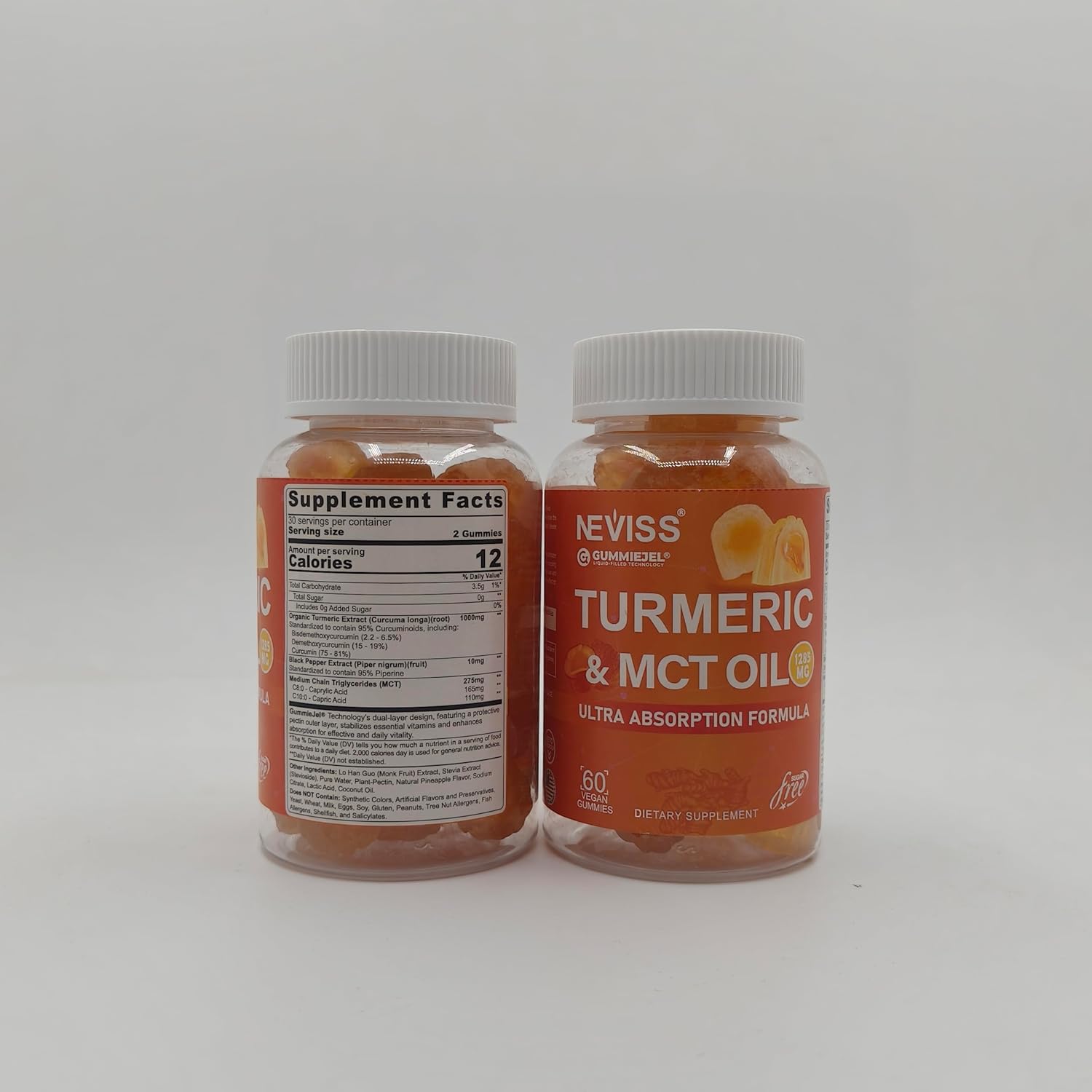 Sugar-Free Turmeric Curcumin Gummies for Adults with MCT Oil & Black Pepper Extract - 120 Gummies, 60 Servings