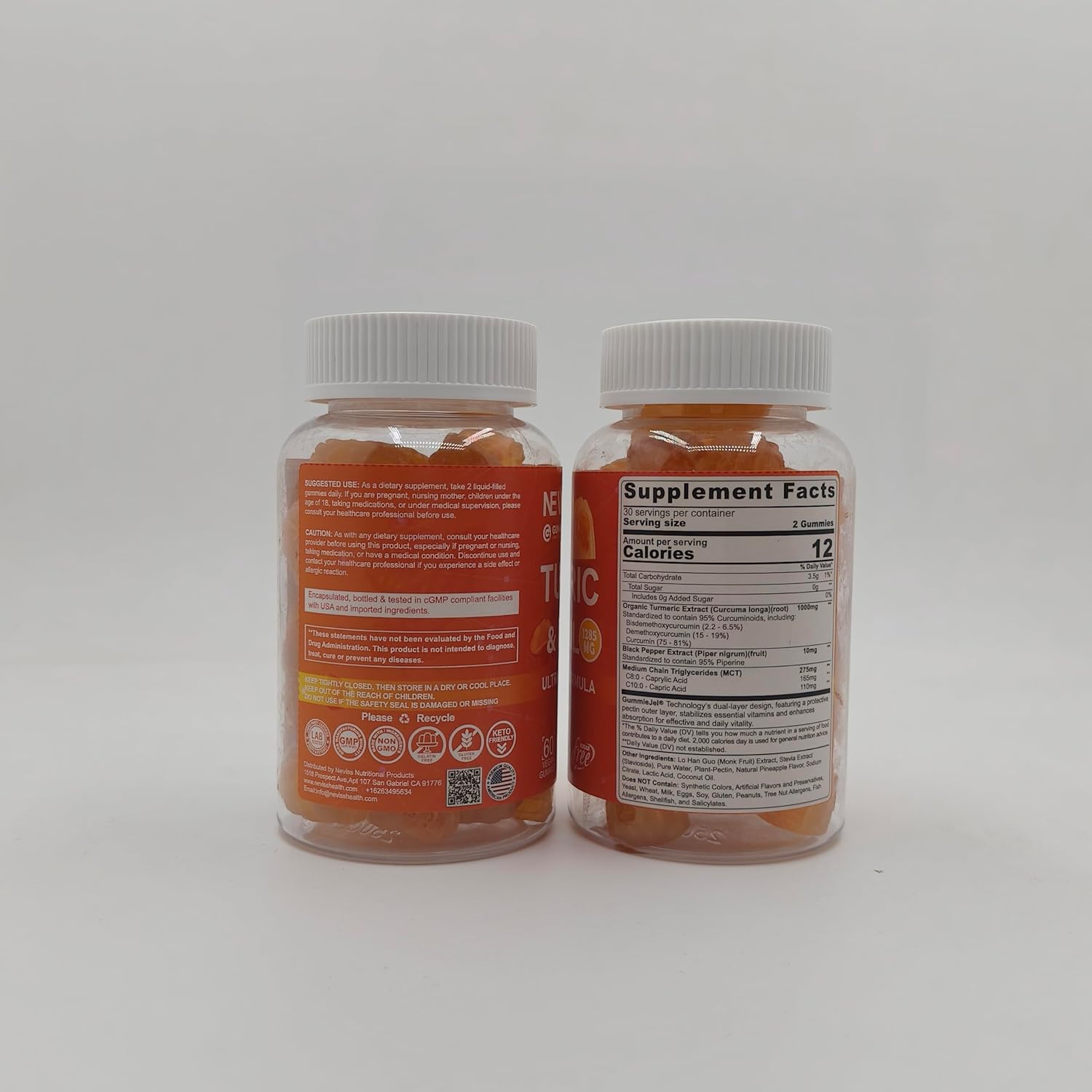 Sugar-Free Turmeric Curcumin Gummies for Adults with MCT Oil & Black Pepper Extract - 120 Gummies, 60 Servings