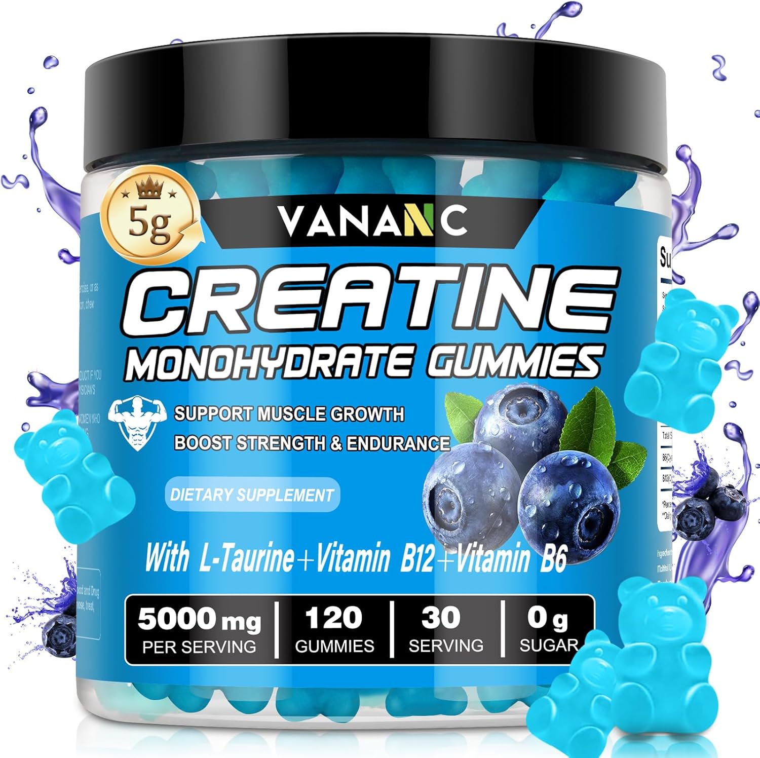 Sugar Free Vananc Creatine Monohydrate Gummies 5000g for Men and Women - Pre-Workout Supplement with L-Taurine, Vitamins - Muscle Strength, Energy, and Endurance Boost - Blueberry Flavor - 120 Gummies