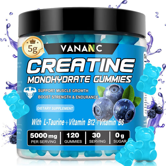 Sugar Free Vananc Creatine Monohydrate Gummies 5000g for Men and Women - Pre-Workout Supplement with L-Taurine, Vitamins - Muscle Strength, Energy, and Endurance Boost - Blueberry Flavor - 120 Gummies