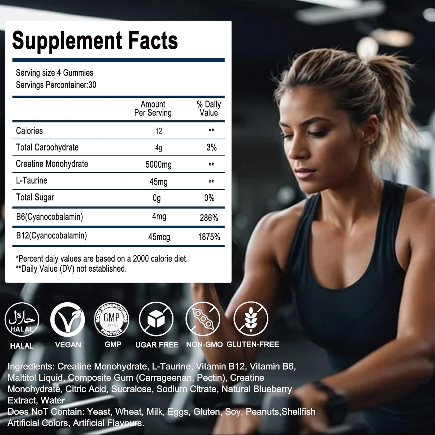 Sugar Free Vananc Creatine Monohydrate Gummies 5000g for Men and Women - Pre-Workout Supplement with L-Taurine, Vitamins - Muscle Strength, Energy, and Endurance Boost - Blueberry Flavor - 120 Gummies
