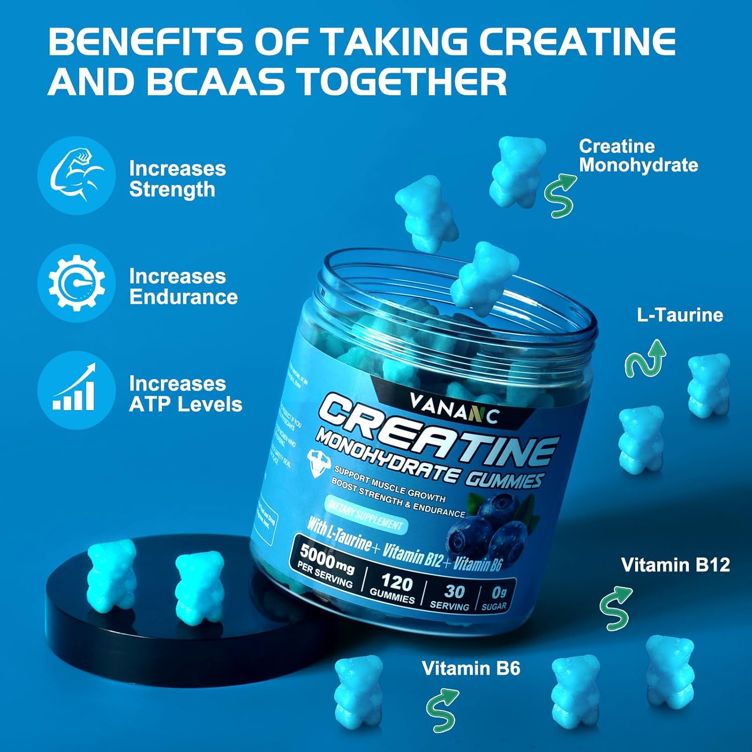 Sugar Free Vananc Creatine Monohydrate Gummies 5000g for Men and Women - Pre-Workout Supplement with L-Taurine, Vitamins - Muscle Strength, Energy, and Endurance Boost - Blueberry Flavor - 120 Gummies