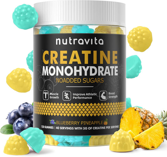 Sugar Free Vegan Blueberry Pineapple Flavored Creatine Gummies - 5g Creatine Monohydrate per Serving - 120 Count for Men and Women by Nutravita