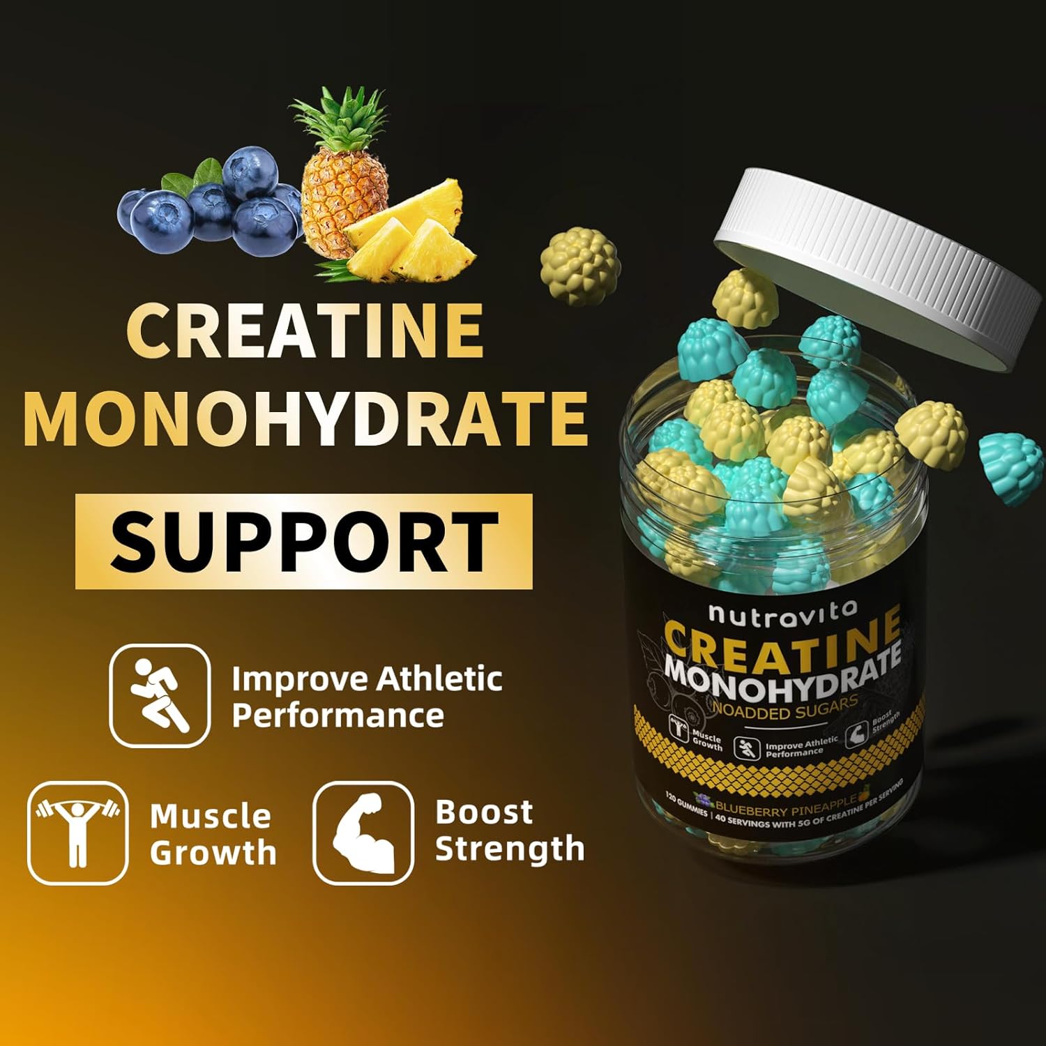 Sugar Free Vegan Blueberry Pineapple Flavored Creatine Gummies - 5g Creatine Monohydrate per Serving - 120 Count for Men and Women by Nutravita