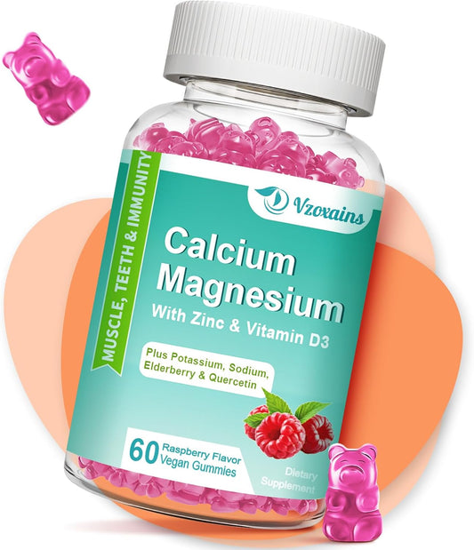Sugar-Free Vegan Calcium Magnesium Zinc Gummies for Bone & Muscle Strength, High Absorption Supplement with Magnesium Glycinate - 60 Count