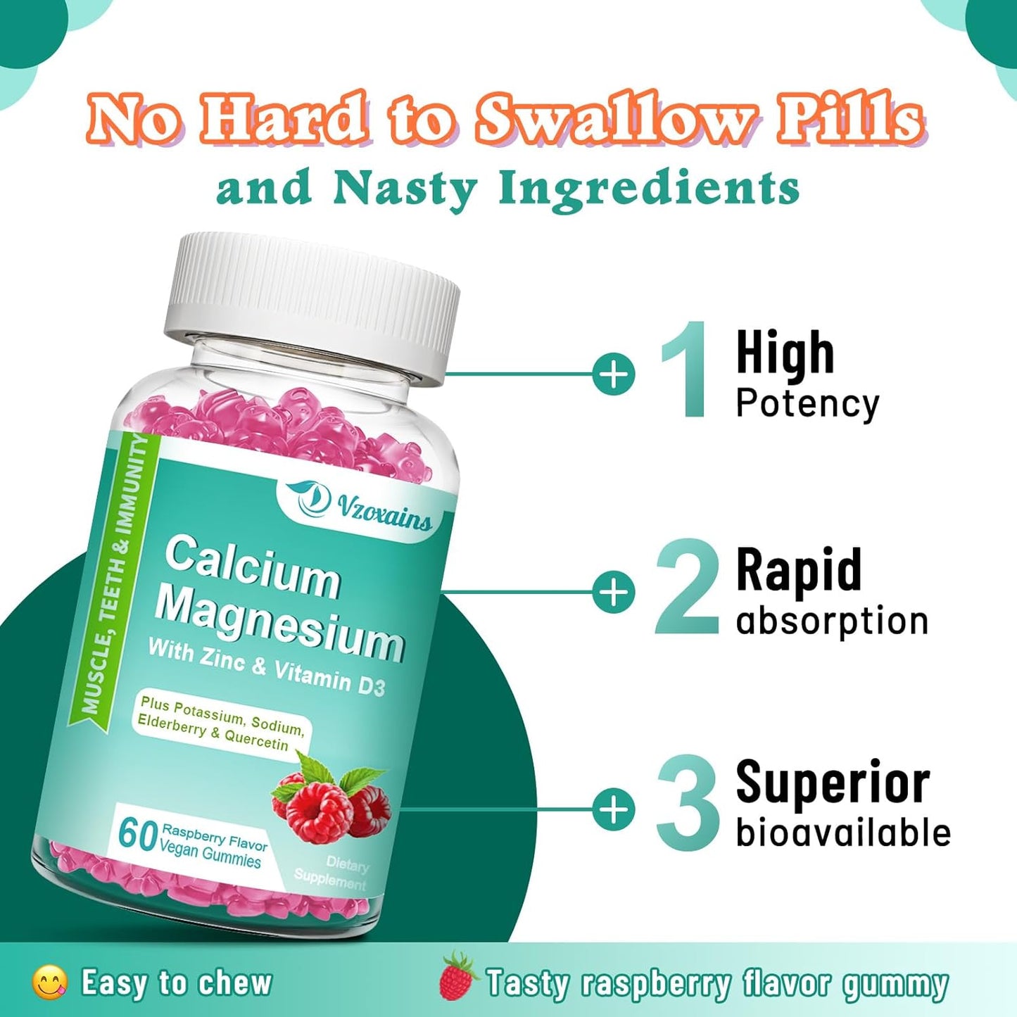 Sugar-Free Vegan Calcium Magnesium Zinc Gummies for Bone & Muscle Strength, High Absorption Supplement with Magnesium Glycinate - 60 Count