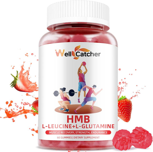 Sugar-Free Vegan HMB and Leucine Gummies with L-Glutamine for Muscle Growth and Fast Recovery - Strawberry Flavor - 30 Day Supply for Men and Women